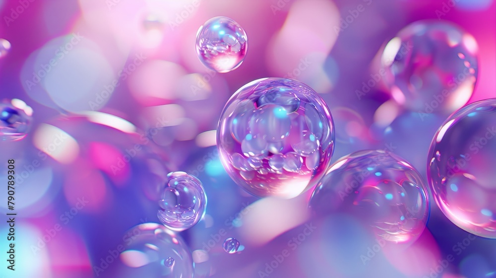 Poster background of abstract 3d art with floating holographic liquid blobs and soap bubbles.