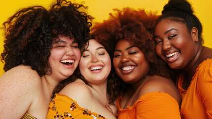 A group of women of diverse backgrounds and ages standing in a row, facing the same direction