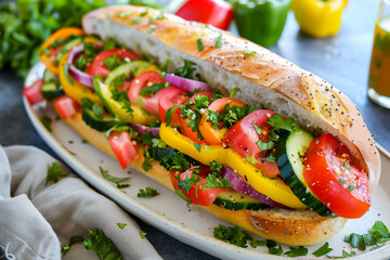 tasty and healthy veggie or vegetarian sadwich with fresh vegetables full of vitamins and antioxidants, tomato, cucumber, onion and pepper