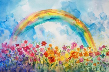 Watercolor painting of a rainbow arching over a field of flowers, vibrant yet light hues that stimulate but dont overwhelm young eyes