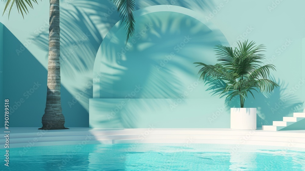 Aufkleber An idyllic summer scene with a white board podium and palm trees on a blue background. Rendering in 3D.