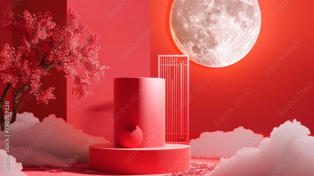 Poster three-dimensional rendering of cylinder box with full moon background. chinese mid autumn festival b