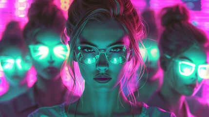 Neon light, double exposure and woman with art deco, creative and color lighting for style in studio. Female model, cosmetics and overlay with glow, makeup and person with freedom and pink background
