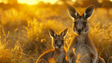 Golden Hour Bonding: Kangaroo and Joey in the Outback, generative ai