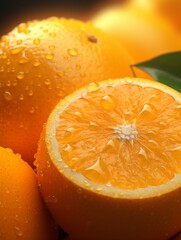 Fresh juicy wet oranges, fruit and leaves with water drops. Citrus fruits on green background. Summer design.