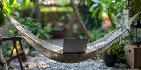  Summer working in laptop on a out door hammock in a garden  setting, relaxed vibe, 