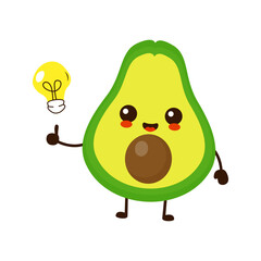 Cute funny cartoon avocado fruit with idea light bulb