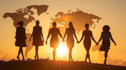 Fototapeta premium woman solidarity with people holding hands in the evening sun in landscape format as a banner. group of people joining hands forming a chain of solidarity facing the backlit sun