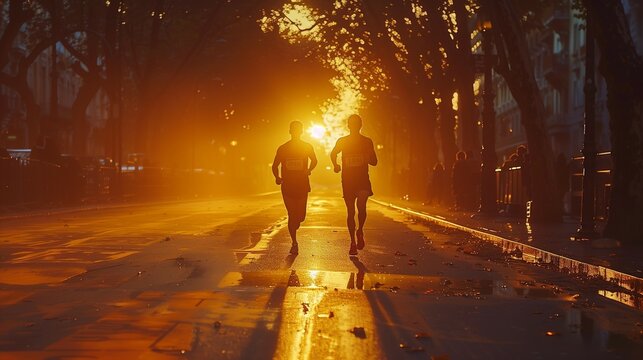 Victorious Partners: Marathon Runners at Sunrise, generative ai