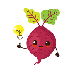 Cute funny cartoon beet vegetable with idea light bulb