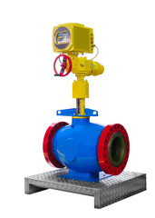 A blue and red ball valve is on a metal stand. The valve is on a white background