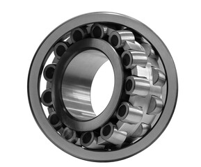 A ball bearing with a white background. The ball bearing is made of metal and has a shiny surface