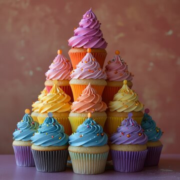 A tower of rainbow frosted cupcakes with purple sprinkles.