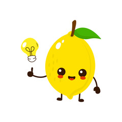 Cute funny cartoon lemon fruit with idea light bulb