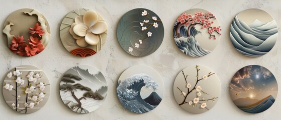 Japanese Cherry Blossom flower, bamboo, bonsai and wave object moderns in a vintage style Asian circle icon set.