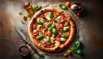 Artisanal Pizza Showcases Authentic Italian Flavors and Rustic Charm. A tantalizing artisanal pizza with crispy crust, melty cheese, and gourmet toppings.