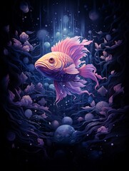 Watercolor illustration of aquarium with goldfish and flowers in water splashes and bubbles on black background. Illustration for poster, print, wed design, banner. Water drops. Summer design.
