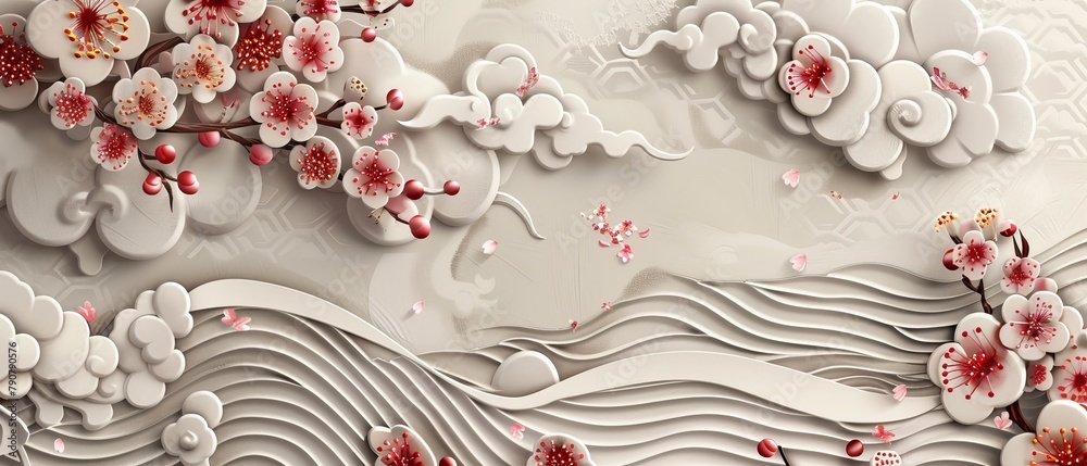 Poster there are cherry blossoms, clouds and curve elements in this japanese template with geometric patter