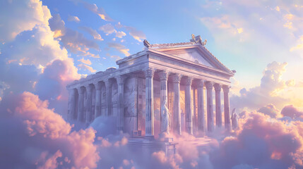 A dreamy Greek temple floating clouds,Surreal art Ancient Greek temple myth.