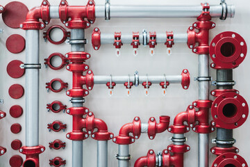 A wall of red pipes with a white background. The pipes are connected to each other