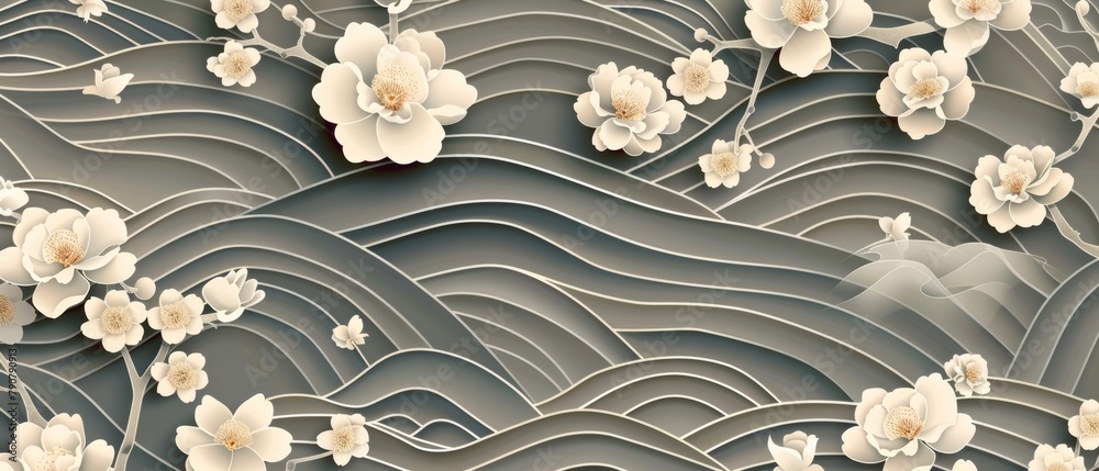 Aufkleber camelia flower pattern with asian traditional banner design in vintage style. japanese background wi