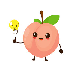 Cute funny cartoon peach fruit with idea light bulb