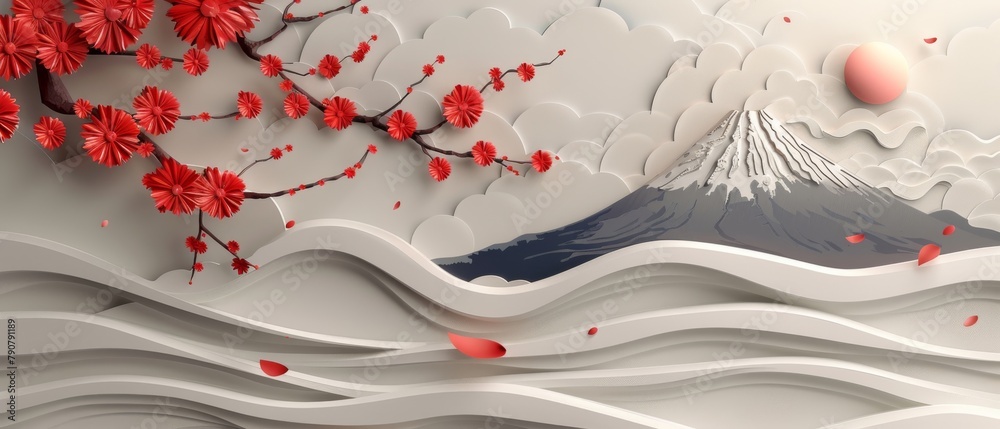 Poster icon and symbol with japanese wave pattern modern. asian object with circle shape. fuji mountain, ca