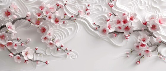 Traditional Asian floral background with cherry blossoms and a Japanese pattern.