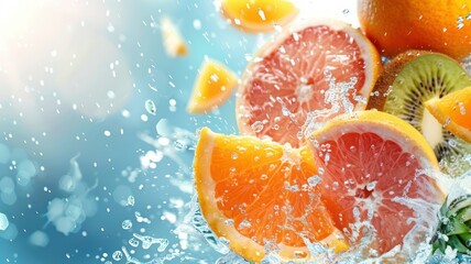 Fresh tropical fruits background with water splashes created with Generative AI