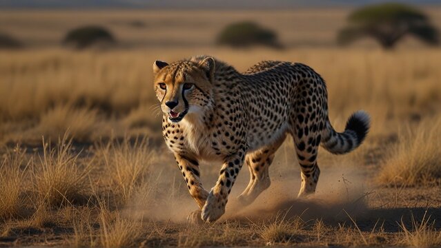 A gracefully sprinting cheetah, its sleek body stretched in mid-air as it chases its prey across the vast plains. This scene is masterfully depicted in a hyper-realistic painting,showcasing the cheeta