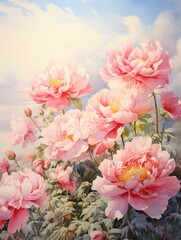 Fototapeta premium Watercolor illustration of spring pink peony flowers bouquet. Valentine, Woman's day and Mothers day concept, art for design poster, greeting card, banner, wedding invitation