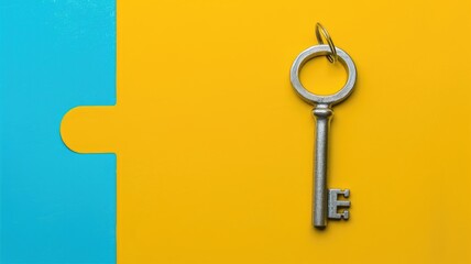 Single silver key on blue and yellow puzzle-shaped background