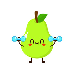 Cute funny pear fruit is doing gym with dumbbells