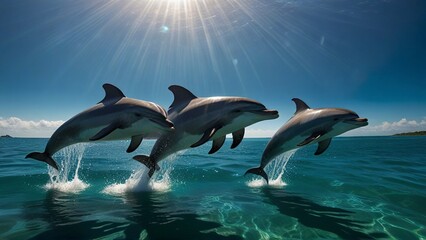 A joyfully frolicking school of dolphins dances beneath the sun-dappled surface of a tropical lagoon. Their sleek bodies glisten in the crystal-clear waters, while their playful leaps and flips captur