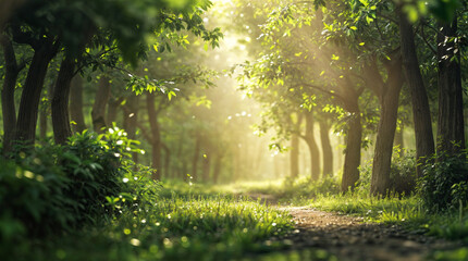 나무와 잔디가 어우러진 숲의 아침 A dirt path through a forest with trees and grass