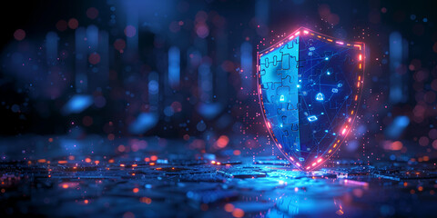 Glowing digital shield guards data. Secure cyberspace concept. Modern, blue & white. copy space