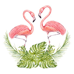 Two flamingo birds with banana and palm tree branches with monstera leaves watercolor composition. Hand drawn illustration on transparent background. For tropical cards, beach designs and prints, logo