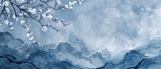 Vintage style natural blue ocean pattern with waves decoration banner design in vintage style. River pattern element on a Japanese background with watercolor texture painting.