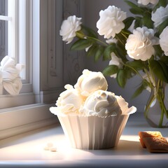 Vanilla ice cream in a white bowl with white flowers
