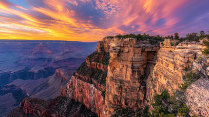 Mountain cliff edge overlooking epic canyon landscape at sunrise with beautiful colorful sky and clouds