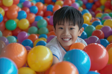 Fototapeta na wymiar happy kids playing in a ball pit, with colorful balls everywhere
