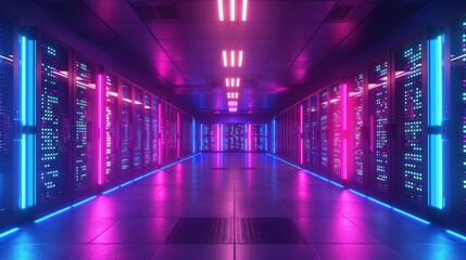 Futuristic server room with glowing LED lights, data center