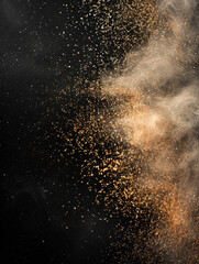 Golden particles floating in a black space creating an abstract effect of space dust.