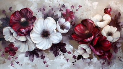 A stylish acrylic painting showcasing abstract red and white blooms, offering a touch of glamour and intrigue, perfect for adorning any wall.