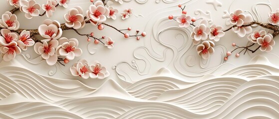 Cherry blossom and wave pattern modern background. Retro flower postcard design.