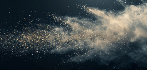 Dust and particles create a dynamic explosion on a blue backdrop. - obrazy, fototapety, plakaty