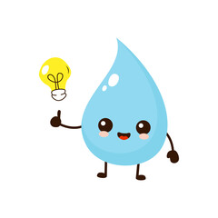 Cute funny cartoon water drop with idea light bulb