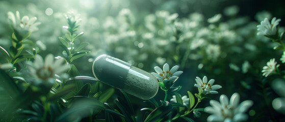  Nutritional supplement background. Capsules or pills on the green leaf. Mockup for heals supporting, vitamins. Herbal organic medicine treatment. Generative ai
