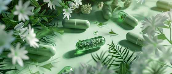 Nutritional supplement background. Capsules or pills on the green leaf, flowers. Mockup for heals supporting, vitamins. Herbal organic medicine treatment. Generative ai