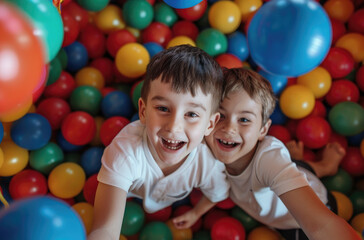 happy kids playing in a ball pit, with colorful balls everywhere
